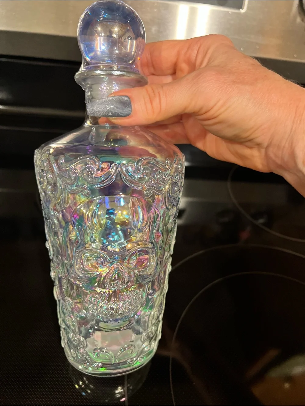 Iridescent Glass Decanter w/skull design
